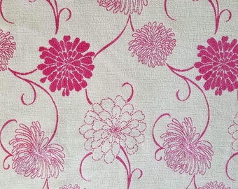 Vintage reversible chenille, upholstery fabric in fuschia and cream with stylized zinnias and vine