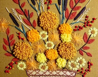 vintage crewel paragon yarn art 1970's Fall Bouquet