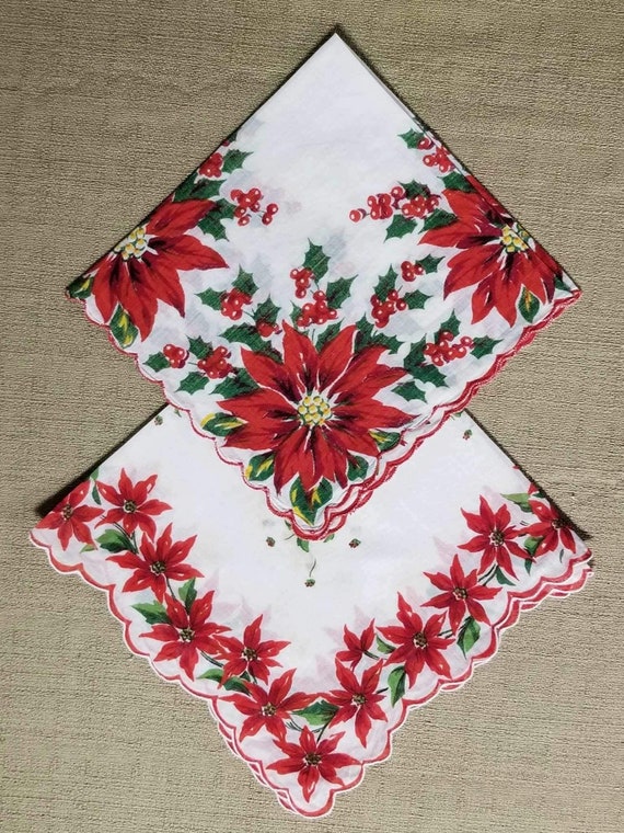 Vintage Christmas poinsettia handkerchief set of 2
