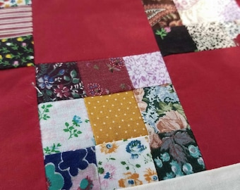 vintage hand made quilt top reds and white seed bags