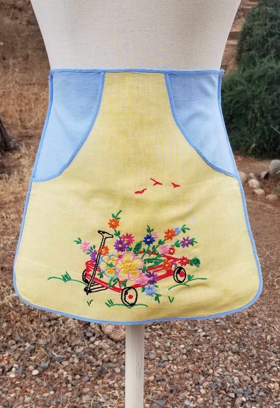Vintage Hand embroidered linen apron yellow and bl