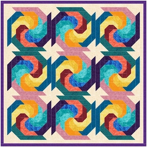 May include: A quilt block pattern featuring a swirling design in shades of blue, yellow, orange, red, and purple. The block is made up of nine smaller squares, each with a different colour and pattern.