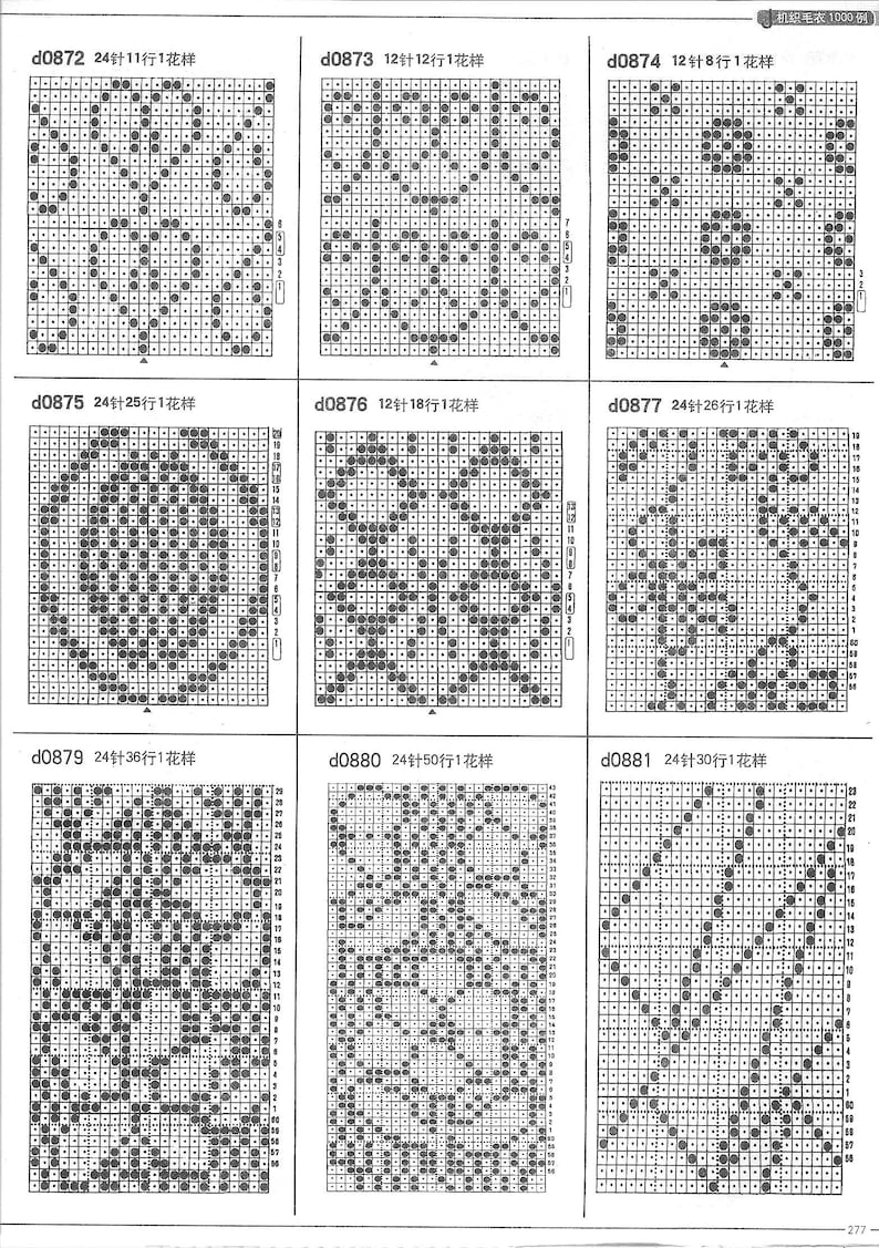 May include: A black and white chart with knitting patterns. The chart shows different stitch patterns for knitting. The chart is labeled with numbers and letters. The chart is titled "Machine Knitting 1000 Examples".