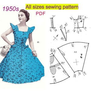May include: A vintage 1950s sewing pattern for a dress, featuring a blue and white floral print. The pattern includes instructions and diagrams for cutting and sewing the dress.