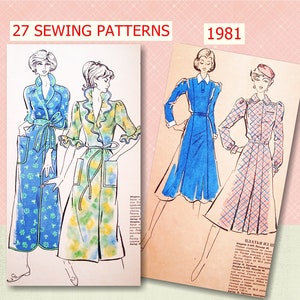 Op de afbeelding: Vintage naaipatroon uit 1981 met 27 patronen. De afbeelding toont drie verschillende jurkdesigns. De eerste jurk is een blauwe en witte bloemenprint, de tweede is een groene en gele bloemenprint en de derde is een blauwe jurk met een witte kraag. De tekst op het patroon luidt "Платья из Ш", wat in het Russisch "Jurken van Ш" betekent.