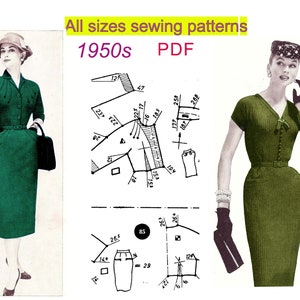 May include: A vintage sewing pattern for a dress from the 1950s. The pattern is for all sizes and is available as a PDF download. The image shows a woman wearing a green dress with a belt and a hat.
