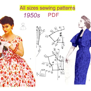 May include: A vintage sewing pattern for a 1950s dress with a floral print and a matching bolero jacket. The pattern includes instructions and diagrams for sewing the garment. The text on the image reads "All sizes sewing patterns 1950s PDF".