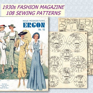 Puede incluir: Una portada de revista de moda vintage de la década de 1930 con cuatro mujeres que llevan vestidos con estampado de lunares. La revista se titula "Neue Modezeitung ERGON Nr. 15" e incluye 108 patrones de costura.