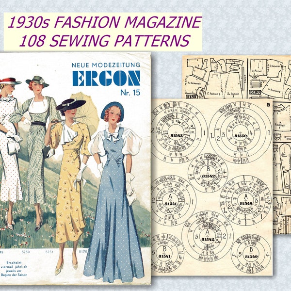 1930s, 108 Sewing Patterns from 1930s, Ergon Pattern System, Vintage Sewing Patterns all Sizes, Book of Draftings,  Pattern Drawing System