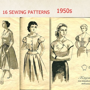Może przedstawiać: Wzory krawieckie w stylu vintage z lat 50., przedstawiające ilustracje projektów odzieży damskiej. Obraz zawiera tekst "16 SEWING PATTERNS" i "1950s" w kolorze czerwonym. Projekty obejmują sukienki i bluzki z różnymi stylami rękawów i dekoltów.