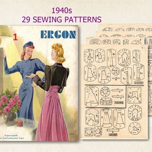 Könnte beinhalten: Ein Vintage-Nähmusterheft aus den 1940er Jahren mit dem Titel "29 Nähmuster" und dem Wort "Ergon" auf dem Umschlag. Der Umschlag zeigt zwei Frauen in Kleidern, eine in Blau und eine in Rosa. Das Heft enthält mehrere Seiten mit Nähmustern.