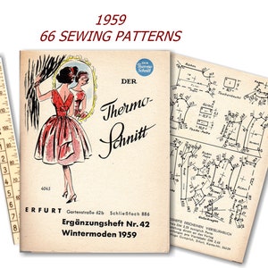 Könnte beinhalten: Ein Vintage-Nähmusterheft aus dem Jahr 1959, betitelt "Der Thermo-Schnitt" mit dem Text "Ergänzungsheft Nr. 42 Wintermoden 1959" und der Nummer 4045. Das Heft zeigt eine Zeichnung einer Frau in einem roten Kleid, die sich in einem Spiegel betrachtet.