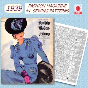 May include: A vintage fashion magazine cover from 1939 featuring a woman wearing a blue dress and a black hat. The magazine is titled "Deutsche Moden-Jeitung" and has the text "Beyer's Modenblatt Frau Volk Welt" printed on the cover.