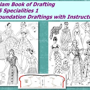 Op de afbeelding: Een vintage boek met naaipatronen voor dameskleding. Het boek is getiteld "Haslam Book of Drafting 1965 Specialities 1 + Foundation Draftings with Instructions". De omslag toont illustraties van vrouwen die verschillende jurken en gewaden dragen.