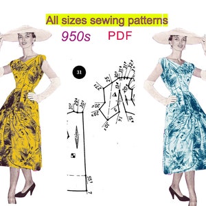 May include: Two vintage 1950s sewing patterns for dresses. The patterns are printed on paper and include instructions and diagrams. The patterns are for all sizes.