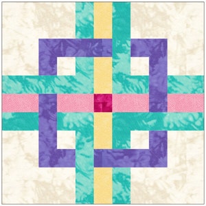 May include: A quilt block with a woven design featuring yellow, pink, purple, teal, and red fabric squares.