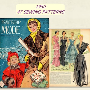 Peut inclure: Une couverture de magazine vintage de 1950 avec le titre "Praktische Mode" représentant une femme en manteau de fourrure et une fille en manteau rouge. La couverture du magazine présente également une photo de quatre femmes en robes, avec le texte "Für festliche Stunden" en bas.