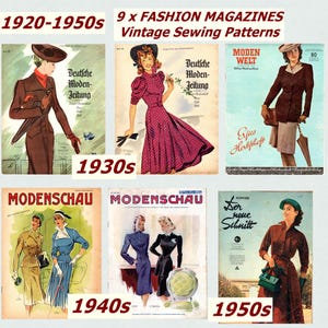 Könnte beinhalten: Eine Sammlung von neun Vintage-Modezeitschriften mit Schnittmustern aus den 1920er bis 1950er Jahren. Die Cover zeigen illustrierte Figuren in zeitgenössischer Kleidung wie Kleidern, Anzügen und Mänteln mit deutschen Titeln wie Moden Welt, Modenschau und Der neue Schnitt.