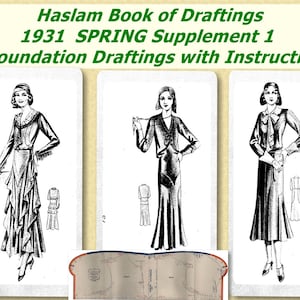 May include: Vintage fashion illustrations from the "Haslam Book of Draftings 1931 Spring Supplement 1". The image features three drawings of women in elegant dresses and jackets, with a pattern diagram at the bottom. Text includes "Foundation Draftings with Instructions".