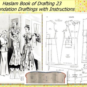 Op de afbeelding: Een vintage naaipatronenboek met de titel "Haslam Book of Drafting 23 + Foundation Draftings with Instructions". Het boek bevat illustraties van drie vrouwen die verschillende jurken dragen en een gedetailleerd diagram van een jaspatroon.