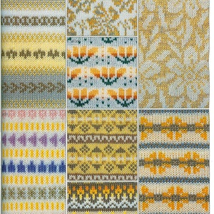 May include: A collection of nine different knit patterns in various colors, including yellow, orange, blue, green, brown, and white. The patterns are displayed in a grid format.