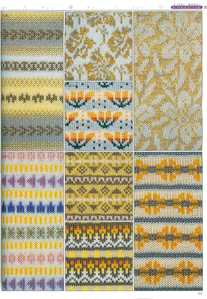 May include: A collection of nine different knit patterns in various colors, including yellow, orange, blue, green, brown, and white. The patterns are displayed in a grid format.