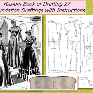 Op de afbeelding: Een vintage naaipatroon voor een jurk en een pak. Het patroon bevat instructies en illustraties van de kledingstukken. Het patroon is afkomstig uit het Haslam Book of Drafting 27.