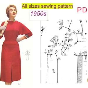 May include: A vintage sewing pattern for a dress from the 1950s. The pattern includes a diagram with measurements in inches and a drawing of a woman wearing the dress.