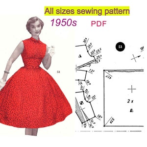 May include: A red dress with a white polka dot pattern, a sleeveless bodice, and a full skirt. The dress is being modeled by a woman. The image also includes a sewing pattern diagram with measurements in inches.