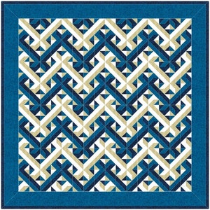 Könnte beinhalten: Eine geometrische Musterdecke in einem Farbschema aus Blau, Weiß und Beige. Die Decke besteht aus einer Reihe ineinandergreifender Dreiecke und Quadrate.