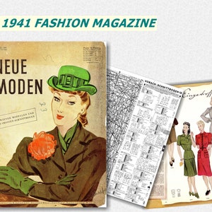 Può includere: Una copertina di rivista di moda vintage del 1941 con una donna che indossa un cappello verde e un cappotto marrone. Il titolo della rivista è "Neue Moden" con il testo "Mit Wiener Modellen und Zwei Grossen Schnittbogen".