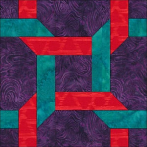 Puede incluir: Un bloque de colcha con un diseño geométrico que presenta cuadrados de tela roja, turquesa y morada. El diseño está formado por cuadrados y rectángulos superpuestos, creando un patrón complejo.