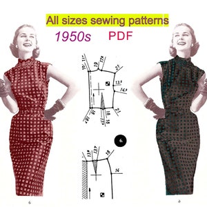 May include: Two vintage illustrations of women wearing 1950s dresses with polka dots. The illustrations are accompanied by a sewing pattern diagram with measurements in inches.