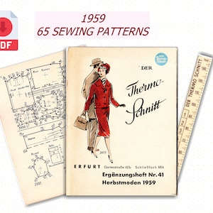 Puede incluir: Una portada de folleto de patrones de costura vintage con una mujer con un vestido y una chaqueta rojos. La portada se titula "Der Thermo-Schnitt" e incluye el texto "Ergänzungsheft Nr. 41 Herbstmoden 1959".