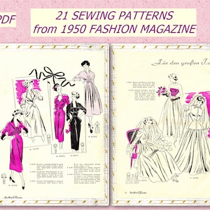 May include: A vintage sewing pattern booklet from a 1950s fashion magazine featuring 21 sewing patterns. The cover features the text "21 SEWING PATTERNS from 1950 FASHION MAGAZINE". The booklet includes illustrations of women's clothing, including dresses, coats, and wedding gowns.