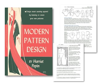 May include: A book cover with a red and green design. The title is "Modern Pattern Design" by Harriet Pepin. The cover features a woman in a long, flowing gown.