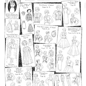 May include: A black and white illustrated index of sewing patterns for various clothing styles, including dresses, tops, jackets, and skirts. The index includes page numbers for each style.
