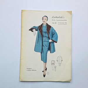 May include: A vintage Lutterloh's Mode-Ergänzungshefte Nr. 55 fashion pattern booklet from November 15, 1954. The cover features an illustration of a person wearing a teal coat with a brown fur collar over a matching skirt, with technical line drawings.