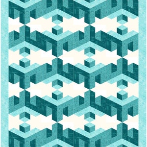 Peut inclure: Un motif répétitif de formes géométriques bleu sarcelle sur un fond blanc. Les formes sont disposées en quinconce, créant une impression de profondeur et de dimension.