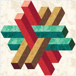 Puede incluir: Diseño geométrico abstracto con bloques de color rojo, marrón y turquesa que se cruzan.