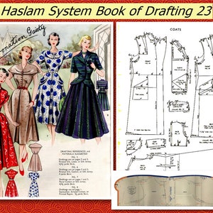 May include: A vintage sewing pattern book titled "The Haslam System Book of Drafting 23" with a cover image of four women wearing different dresses. The book includes instructions for making coats and dresses.
