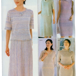 May include: Four women are modeling different knitted dresses. The dresses are all in pastel colors and have a variety of patterns. The dresses are all knee-length and have a loose fit. The women are all smiling and looking at the camera.