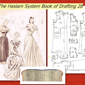 Op de afbeelding: Een vintage illustratie van drie vrouwen in jurken. De vrouwen staan in een kamer met een raam en een kroonluchter. De afbeelding is afkomstig uit een boek genaamd "The Haslam System Book of Drafting 28".