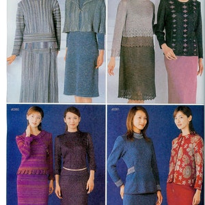 May include: A collection of six women's knitwear outfits. The outfits are in a variety of colors and styles, including a striped dress, a cardigan and skirt set, a sweater and skirt set, a jacket and skirt set, and a blouse and skirt set.