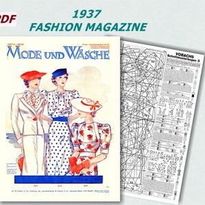 Pode incluir: Uma capa de revista de moda de 1937 com três mulheres em roupas elegantes. A revista é intitulada "Mode und Wäsche" e apresenta um vestido de bolinhas, um vestido estampado floral e um terno branco. A revista é da casa de moda alemã "Vobachs".