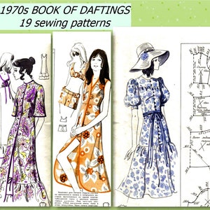 Puede incluir: Un libro de patrones de costura vintage de la década de 1970 con 19 patrones diferentes. La portada del libro muestra ilustraciones de mujeres con diferentes vestidos y faldas. El texto de la portada dice "1970s Book of Daftings 19 sewing patterns".