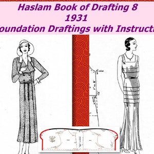 May include: Black and white line drawing illustrations of two women's dresses from the Haslam Book of Drafting 8, 1931. The illustrations include instructions for drafting the dresses.