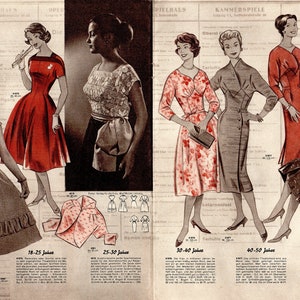 May include: A vintage fashion magazine spread showcasing five women modelling various dress styles. The dresses are in a range of colours and patterns, including red, black, and floral prints. The magazine is from 1955 and includes text about the different styles and sizes.