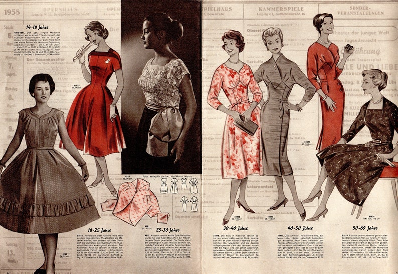 May include: A vintage fashion magazine spread showcasing five women modelling various dress styles. The dresses are in a range of colours and patterns, including red, black, and floral prints. The magazine is from 1955 and includes text about the different styles and sizes.