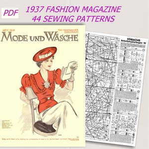 Pode incluir: Uma capa de revista de moda de 1937 que mostra uma mulher com um vestido vermelho e calças brancas, segurando um papel. A revista é intitulada "Mode und Wasche" e inclui 44 padrões de costura.